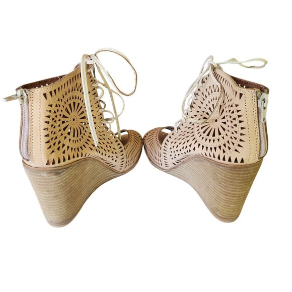 Jeffrey Campbell Rodillo Laser Cut Lace Up Open Toe Wedge Sandals Booties Size 7 - Picture 6 of 13